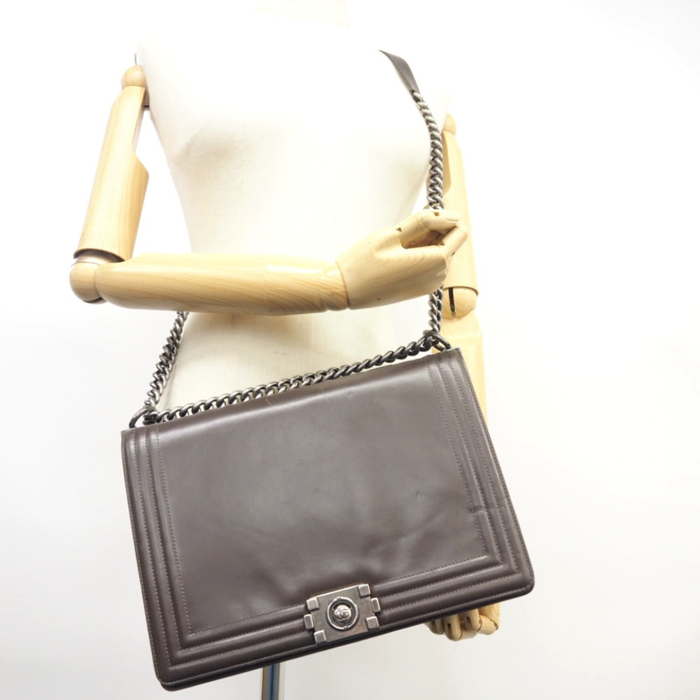 CHANEL Shoulder Bag leather gray ChainShoulder COCO Mark Boy chanel Women Used Authentic