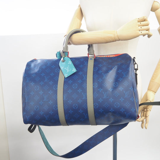 LOUIS VUITTON Boston Duffel bag M43855 leather blue monogram pacific Keepall  bandouliere45 unisex(Unisex) Used Authentic