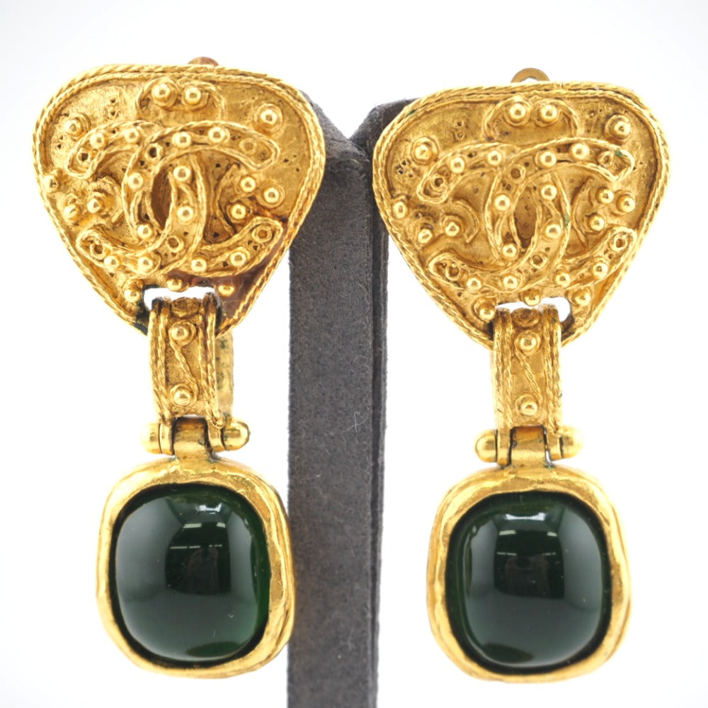 CHANEL Earring Gold Plated green 94A Griboyer COCO Mark Women Used Authentic