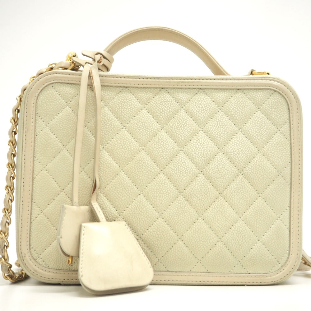 CHANEL Shoulder Bag Matt caviar skin beige CC filigree vanity COCO Mark Women Used Authentic