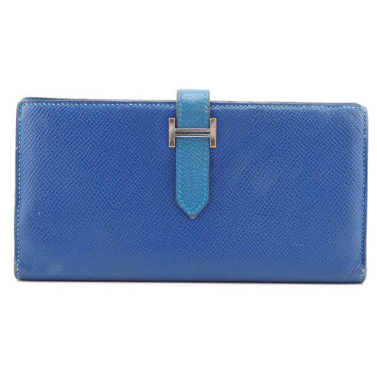 HERMES Long Wallet Purse Epsom blue Bane Souffle Women Used Authentic