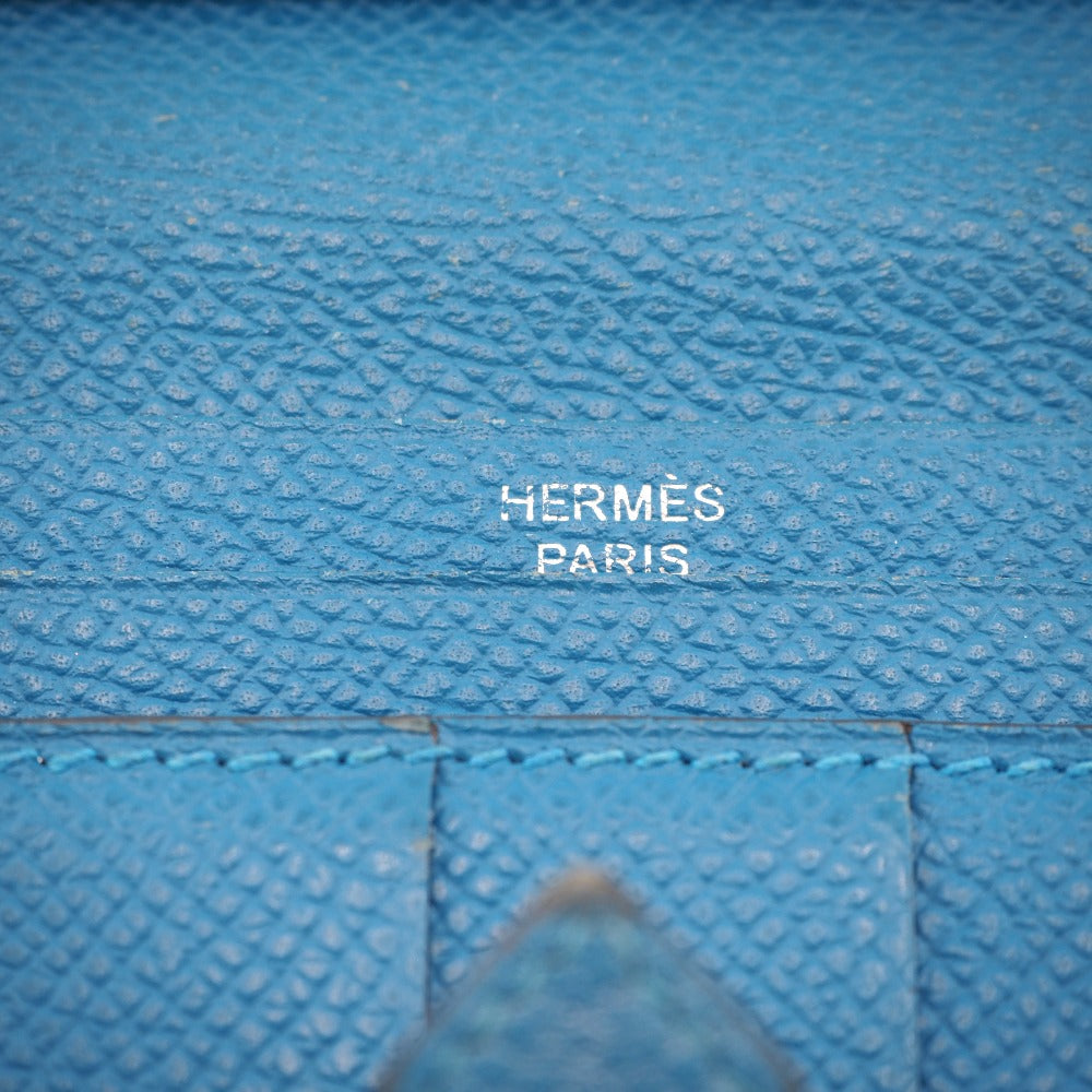 HERMES Long Wallet Purse Epsom blue Bane Souffle Women Used Authentic