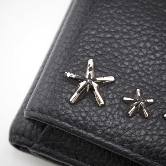 JIMMY CHOO Tri-fold wallet leather black Star studs Women Used Authentic