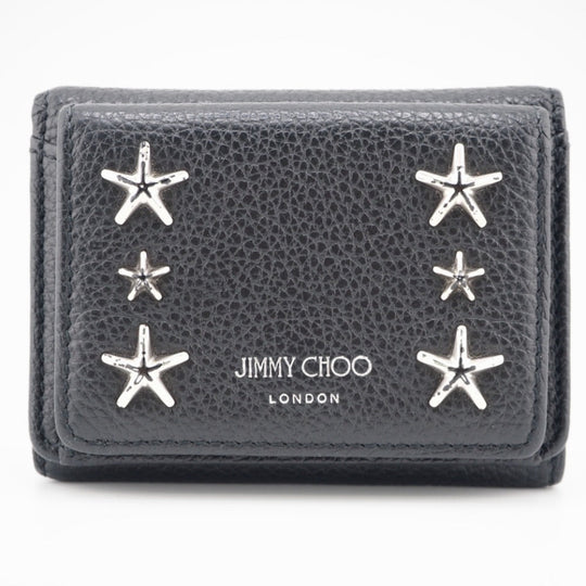 JIMMY CHOO Tri-fold wallet leather black Star studs Women Used Authentic