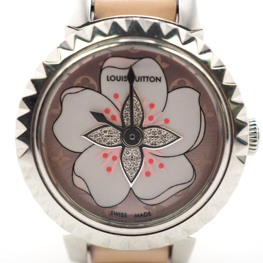 LOUIS VUITTON Watches Q1M07 Stainless Steel pink Quartz QZ Cherry blossom Tambour Women Used Authentic