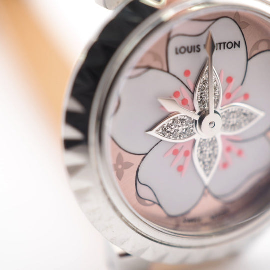 LOUIS VUITTON Watches Q1M07 Stainless Steel pink Quartz QZ Cherry blossom Tambour Women Used Authentic
