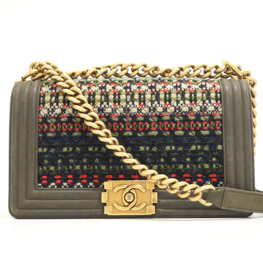 CHANEL Shoulder Bag Leather, Tweed khaki ChainShoulder COCO Mark Boy Chanel Women Used Authentic