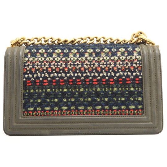 CHANEL Shoulder Bag Leather, Tweed khaki ChainShoulder COCO Mark Boy Chanel Women Used Authentic