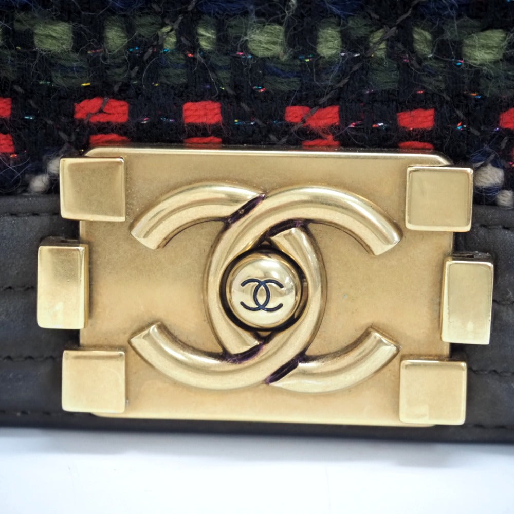 CHANEL Shoulder Bag Leather, Tweed khaki ChainShoulder COCO Mark Boy Chanel Women Used Authentic