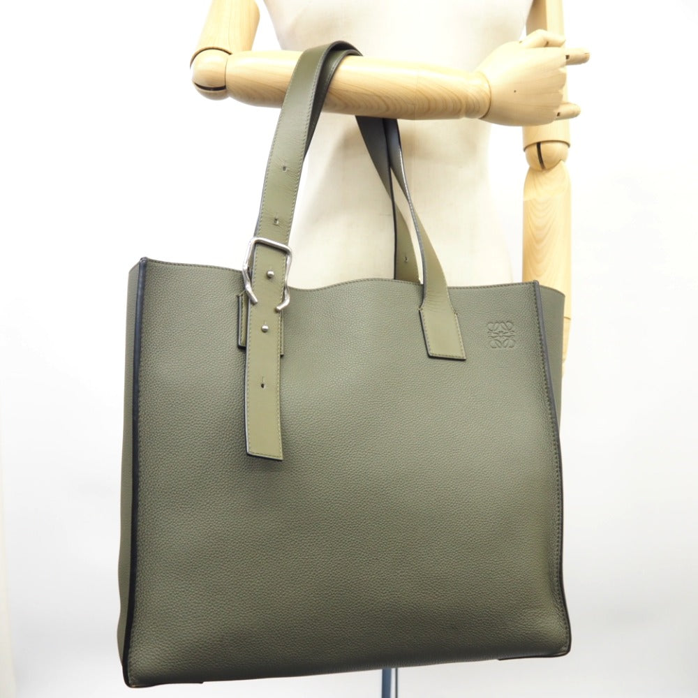 LOEWE Tote Bag leather khaki anagram buckle tote Women Used Authentic
