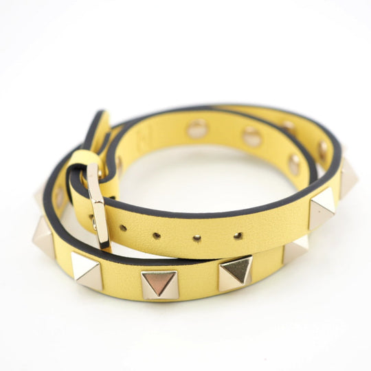 Valentino Garavani bracelet leather yellow Double strap Rock studs Women Used Authentic
