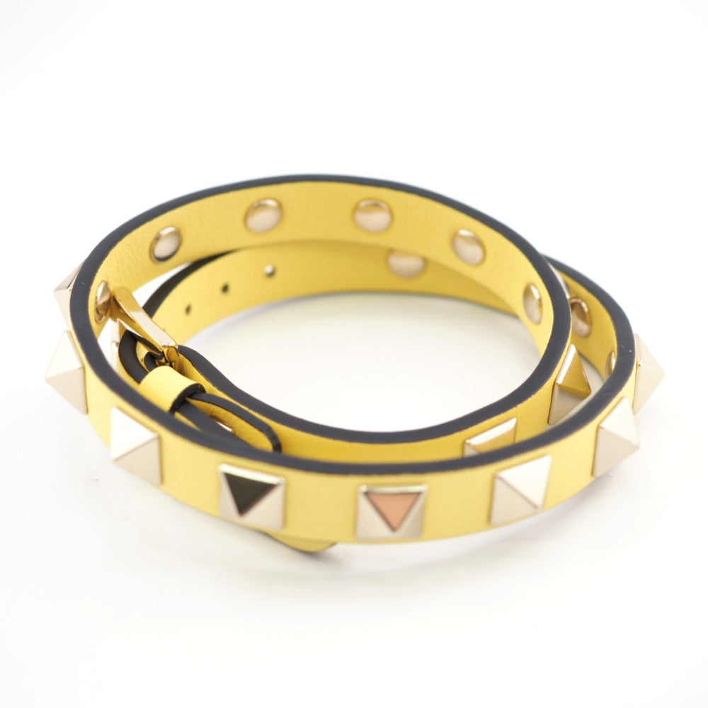 Valentino Garavani bracelet leather yellow Double strap Rock studs Women Used Authentic