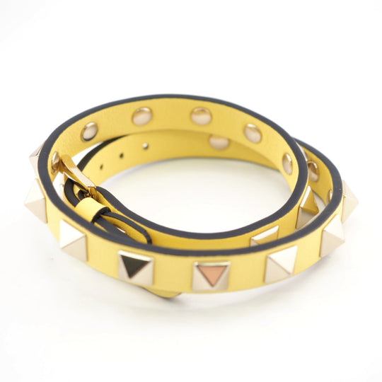 Valentino Garavani bracelet leather yellow Double strap Rock studs Women Used Authentic