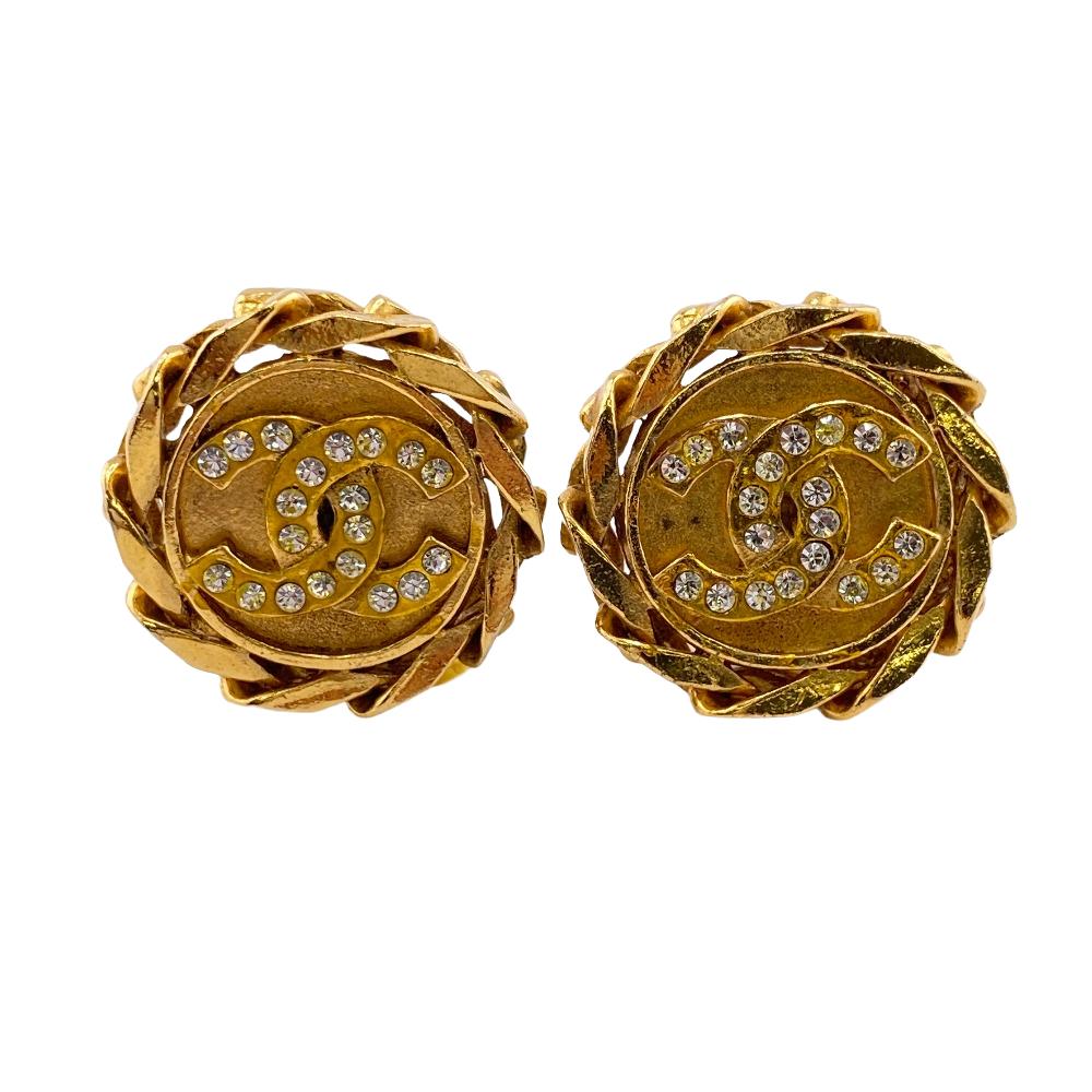 CHANEL Earring Gold Plated gold 23 COCO Mark Rhinestone Women Used Authentic