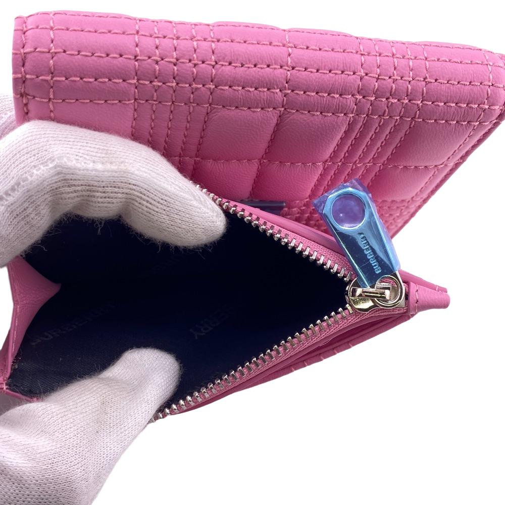 BURBERRY Tri-fold wallet lambskin pink folding wallet small quilting roller Women Used Authentic