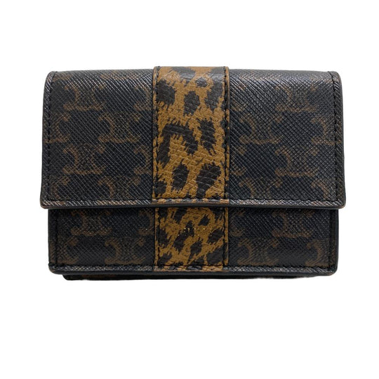 CELINE Tri-fold wallet leather Brown Trifold wallet Leopard Women Used Authentic