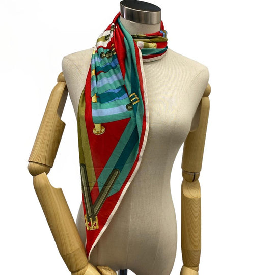 HERMES scarf silk Red Triangle Jean Women Used Authentic