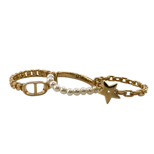 Dior Ring Gold Plated, Faux Pearl gold 3 stations cd star Women M Used Authentic