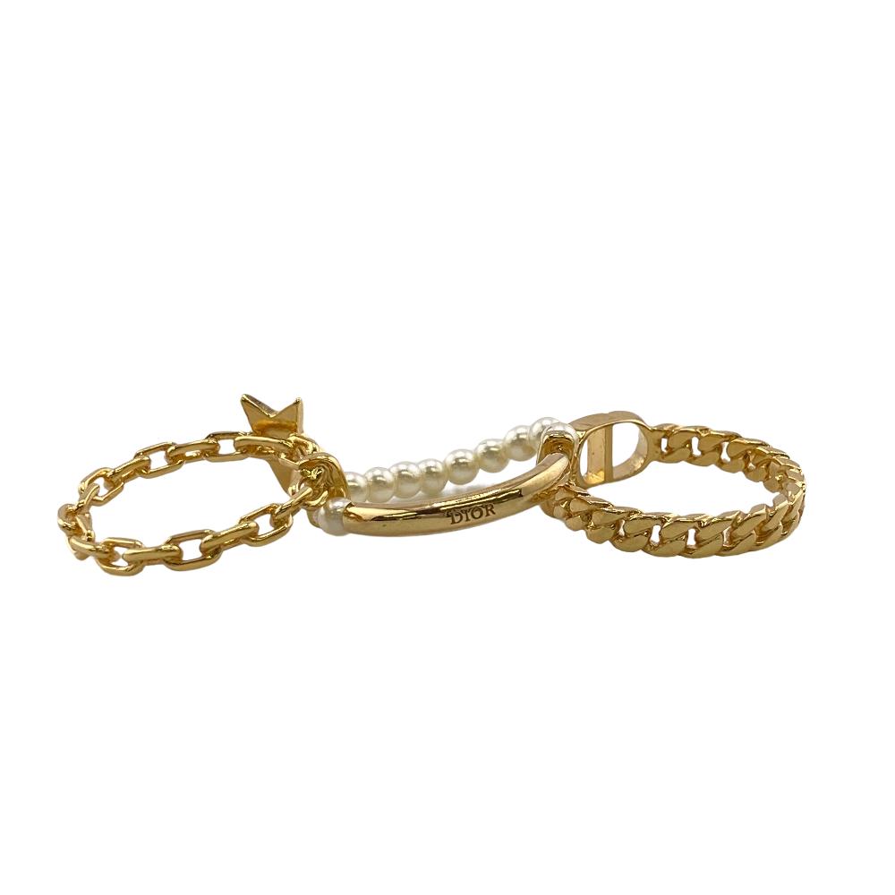 Dior Ring Gold Plated, Faux Pearl gold 3 stations cd star Women M Used Authentic