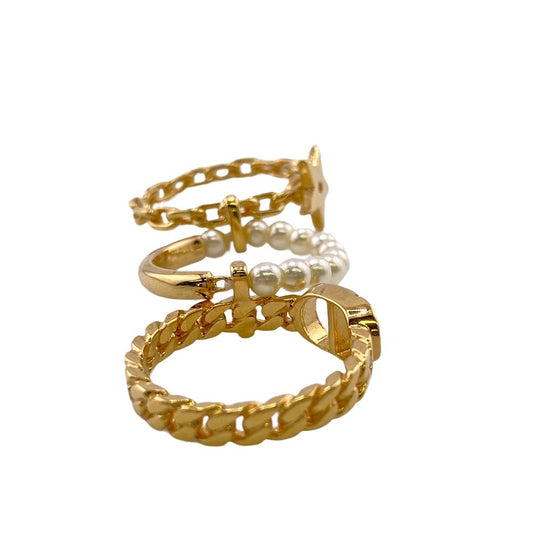 Dior Ring Gold Plated, Faux Pearl gold 3 stations cd star Women M Used Authentic