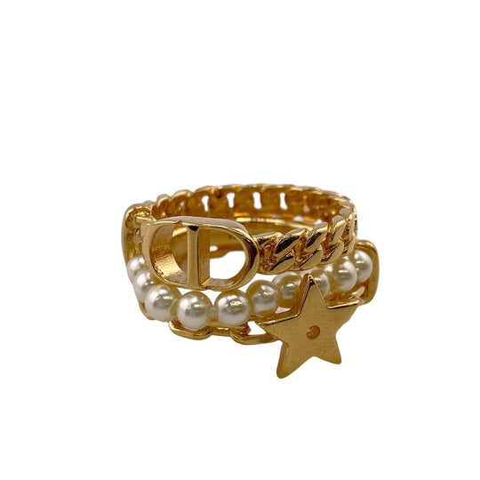 Dior Ring Gold Plated, Faux Pearl gold 3 stations cd star Women M Used Authentic