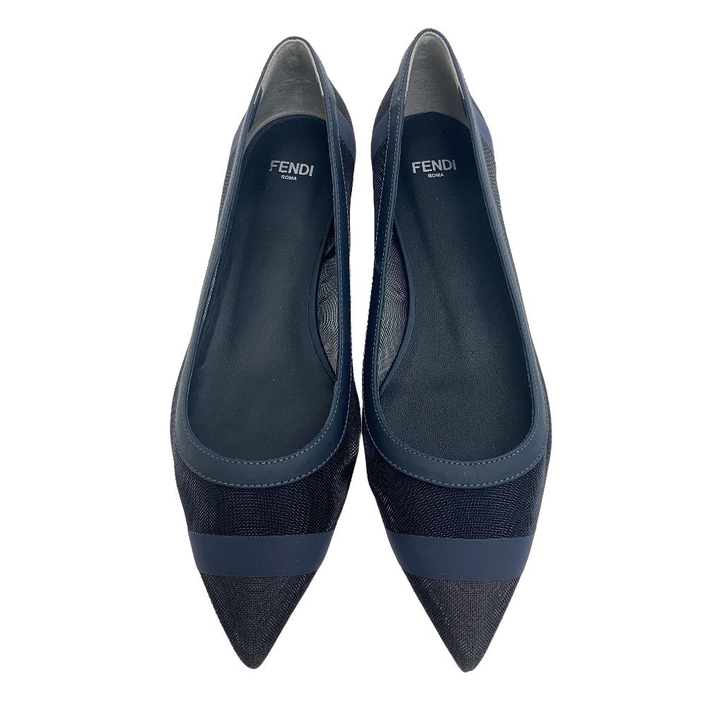 FENDI pumps leather Navy Flat Pumps 37 mesh Women 37 1/2 Used Authentic