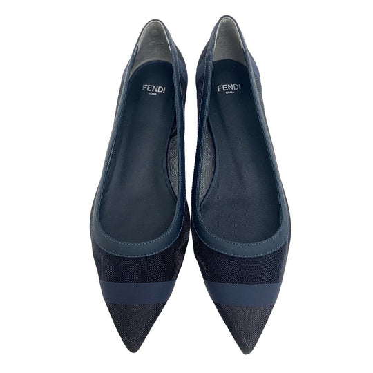 FENDI pumps leather Navy Flat Pumps 37 mesh Women 37 1/2 Used Authentic