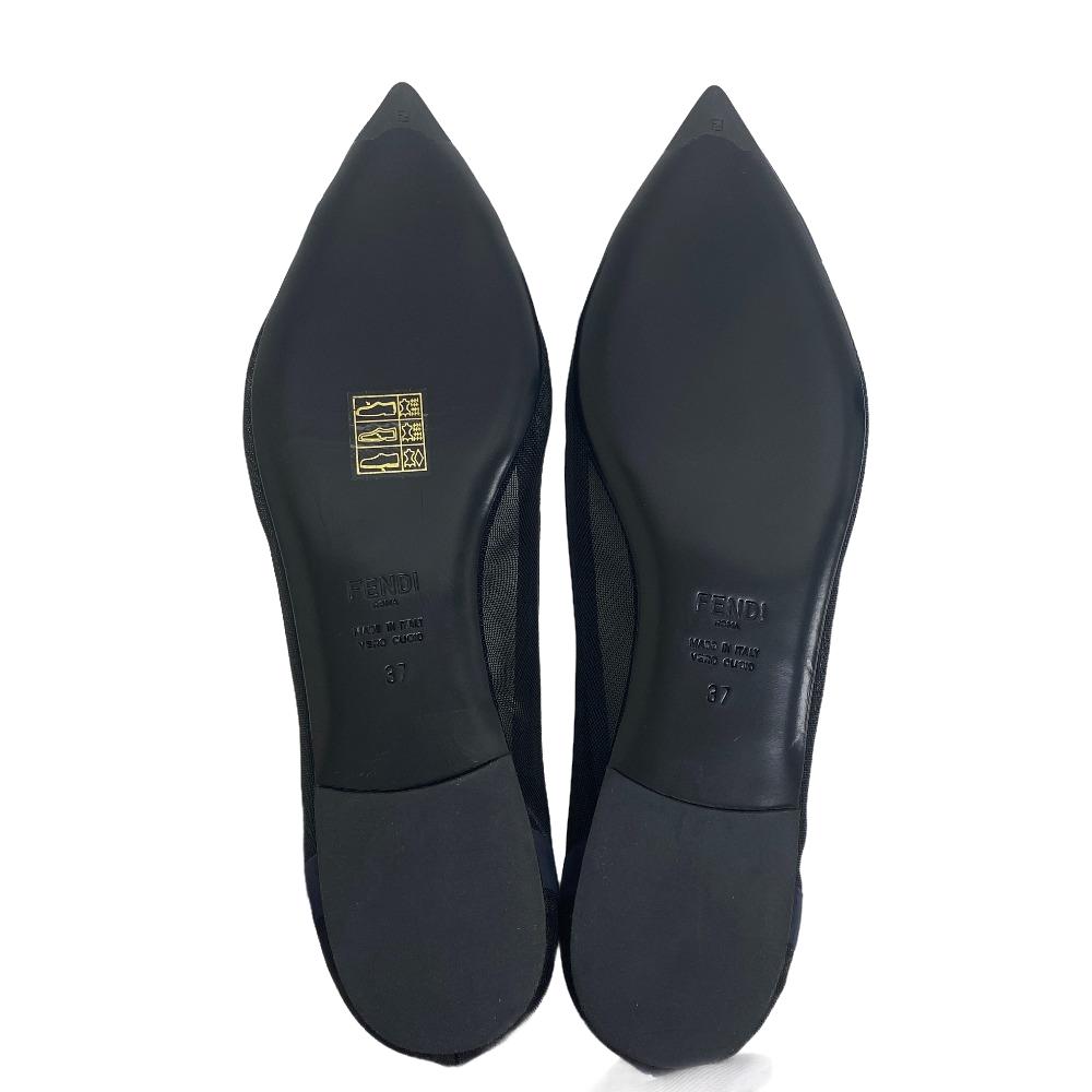 FENDI pumps leather Navy Flat Pumps 37 mesh Women 37 1/2 Used Authentic