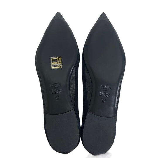 FENDI pumps leather Navy Flat Pumps 37 mesh Women 37 1/2 Used Authentic