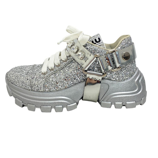MIUMIU sneakers leather Silver Glitter Bijoux Women 35 1/2 Used Authentic
