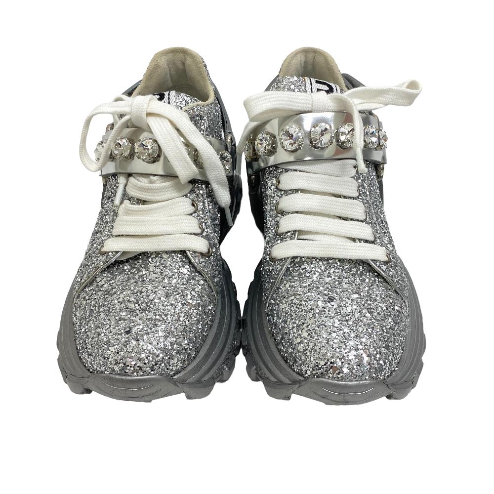 MIUMIU sneakers leather Silver Glitter Bijoux Women 35 1/2 Used Authentic