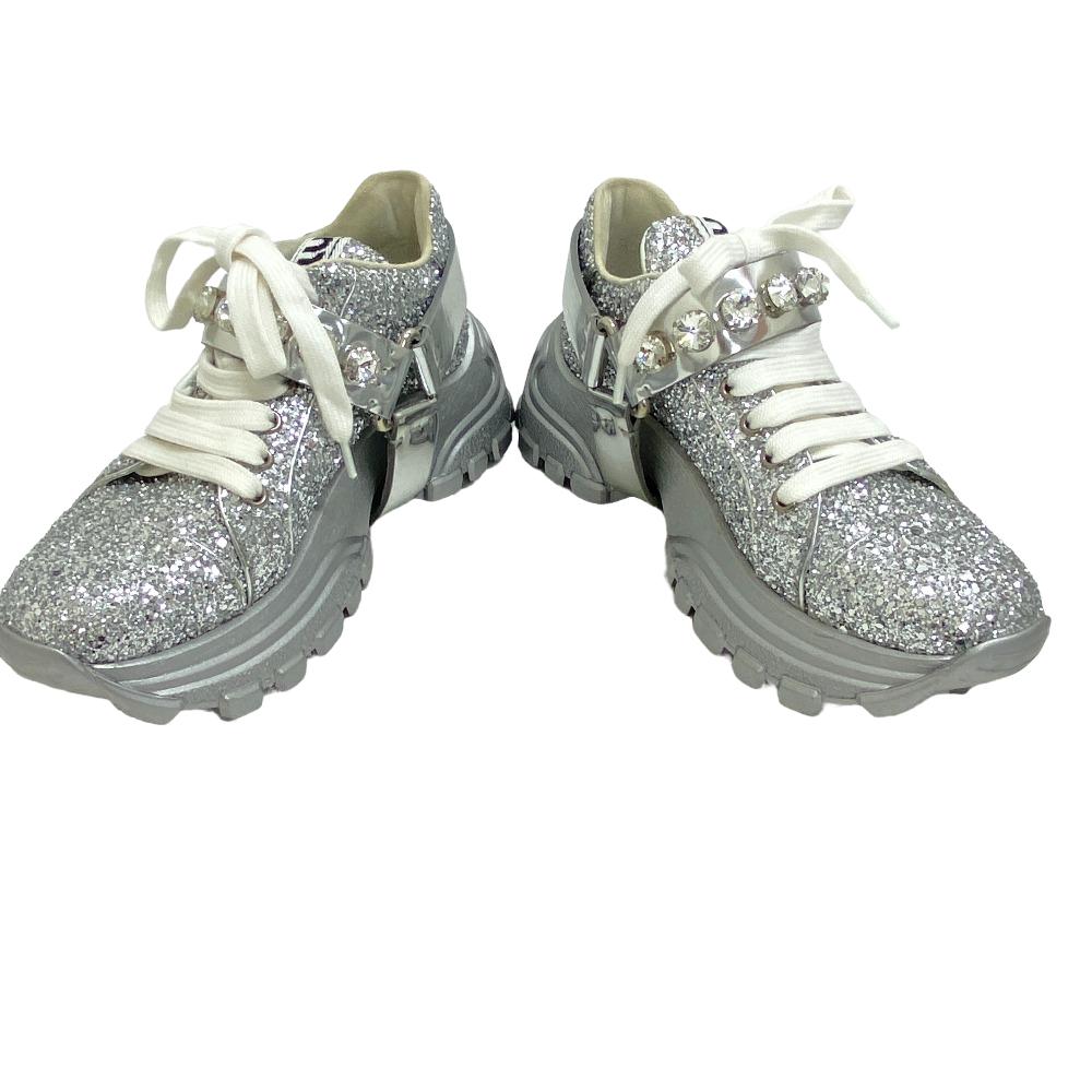 MIUMIU sneakers leather Silver Glitter Bijoux Women 35 1/2 Used Authentic