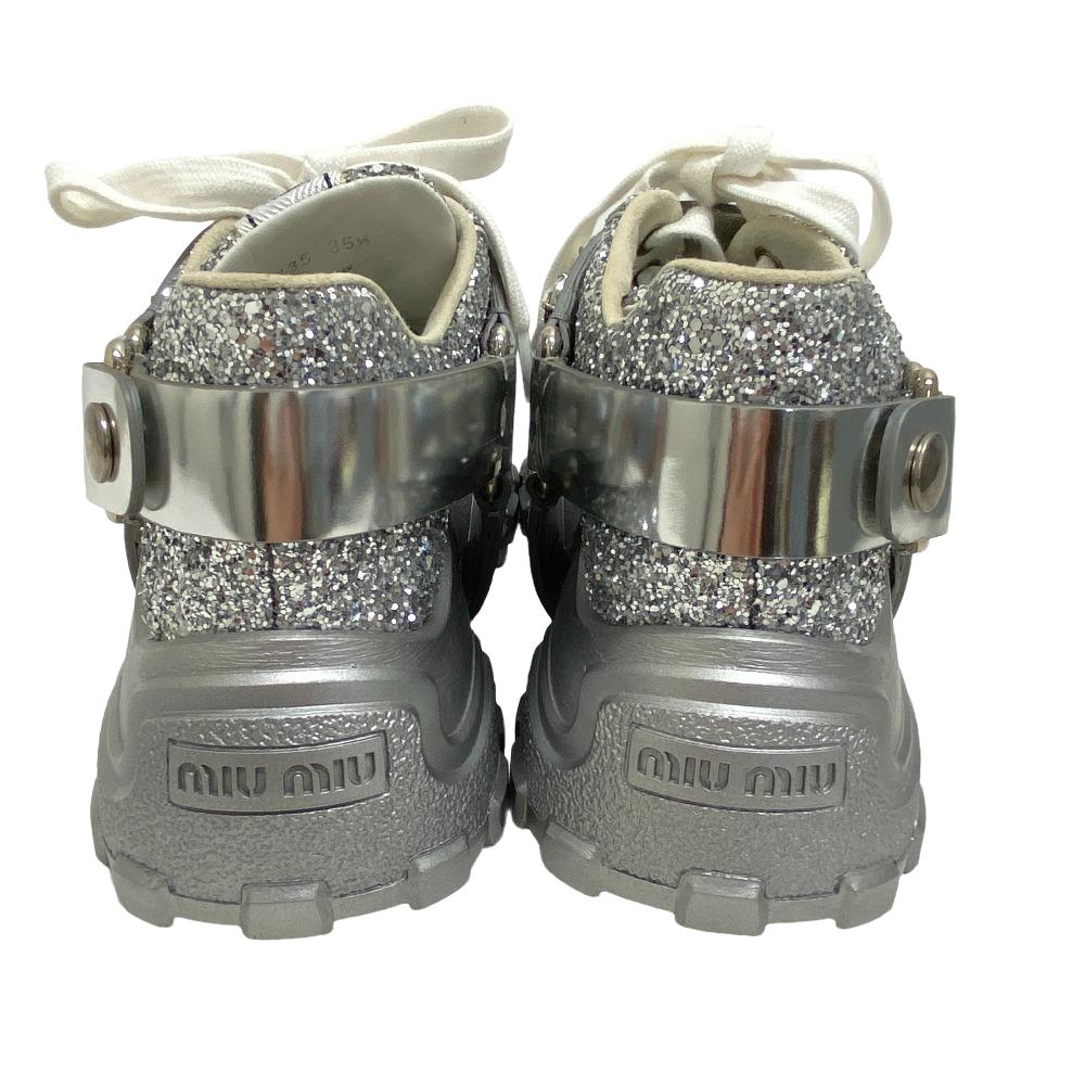MIUMIU sneakers leather Silver Glitter Bijoux Women 35 1/2 Used Authentic