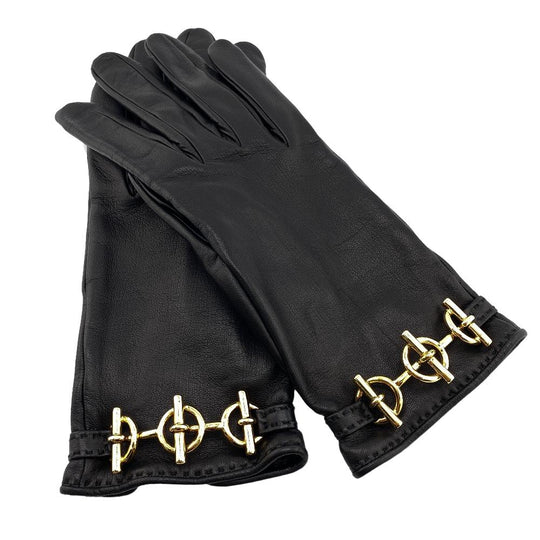 HERMES gloves leather black Globe # 7 1/2 Chene Dunkle Women Used Authentic