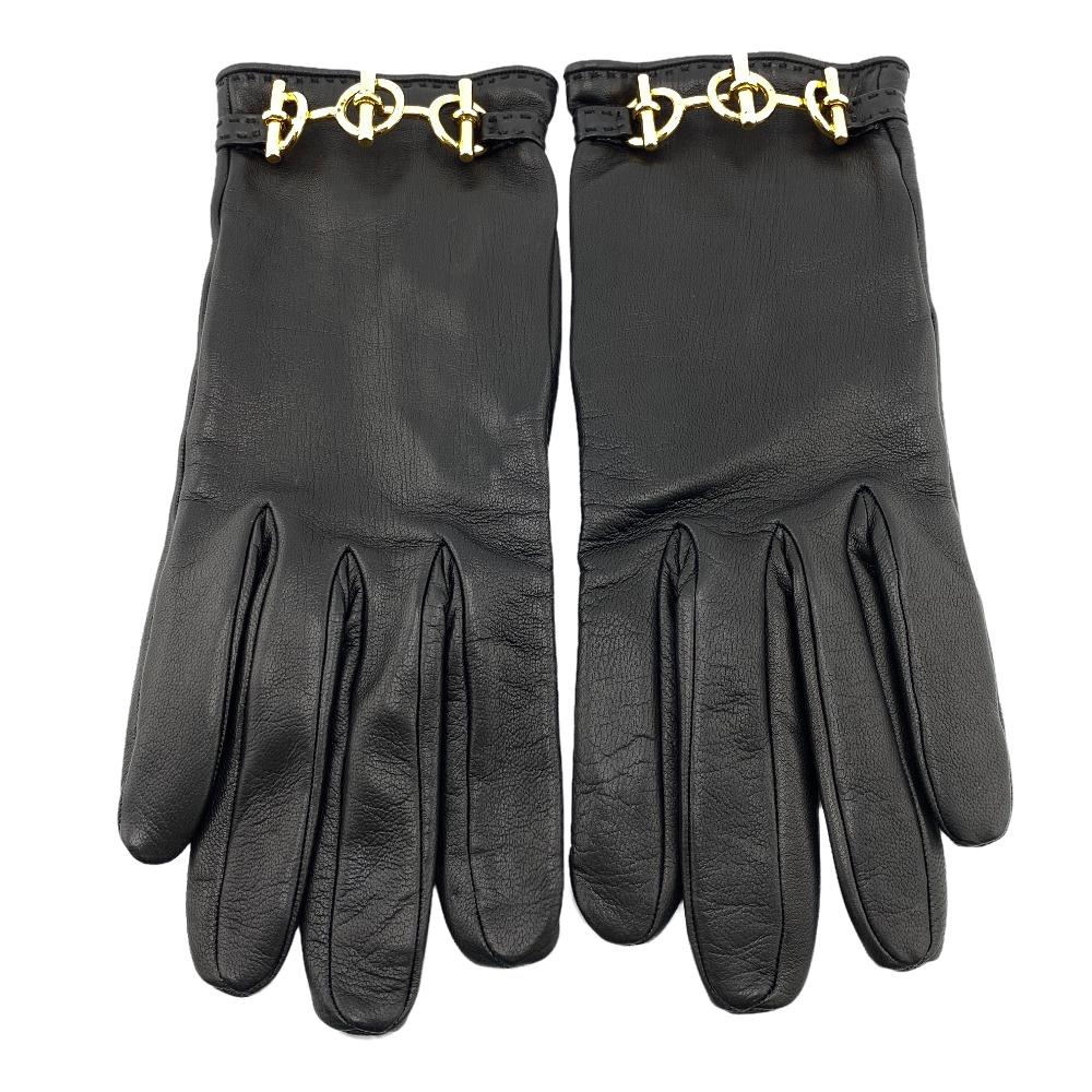 HERMES gloves leather black Globe # 7 1/2 Chene Dunkle Women Used Authentic