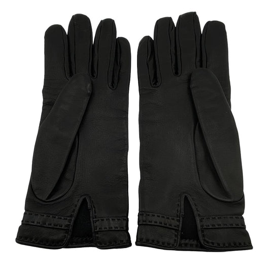 HERMES gloves leather black Globe # 7 1/2 Chene Dunkle Women Used Authentic