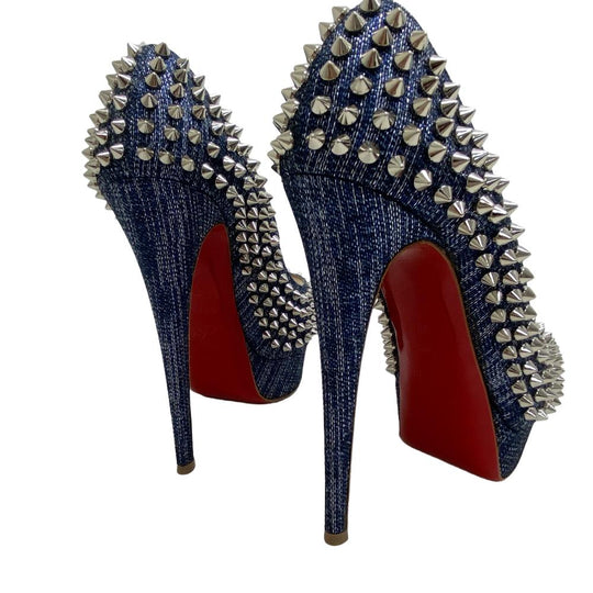 Christian Louboutin pumps Canvas, Leather blue Spike studs Women 37 Used Authentic