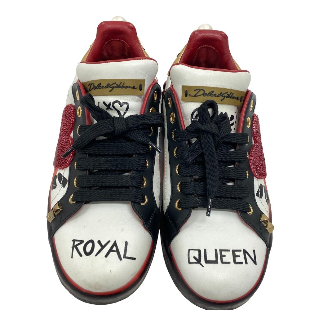 DOLCE&GABBANA sneakers leather Red Faux pearl beads studs Women 36 1/2 Used Authentic