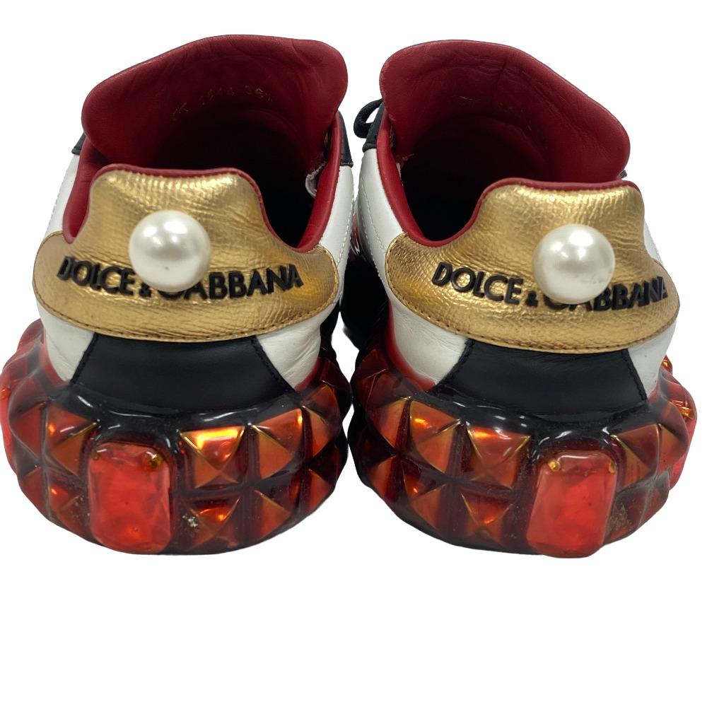 DOLCE&GABBANA sneakers leather Red Faux pearl beads studs Women 36 1/2 Used Authentic