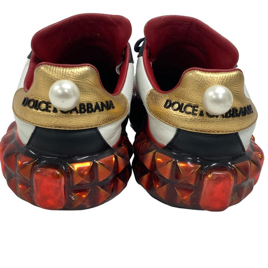 DOLCE&GABBANA sneakers leather Red Faux pearl beads studs Women 36 1/2 Used Authentic