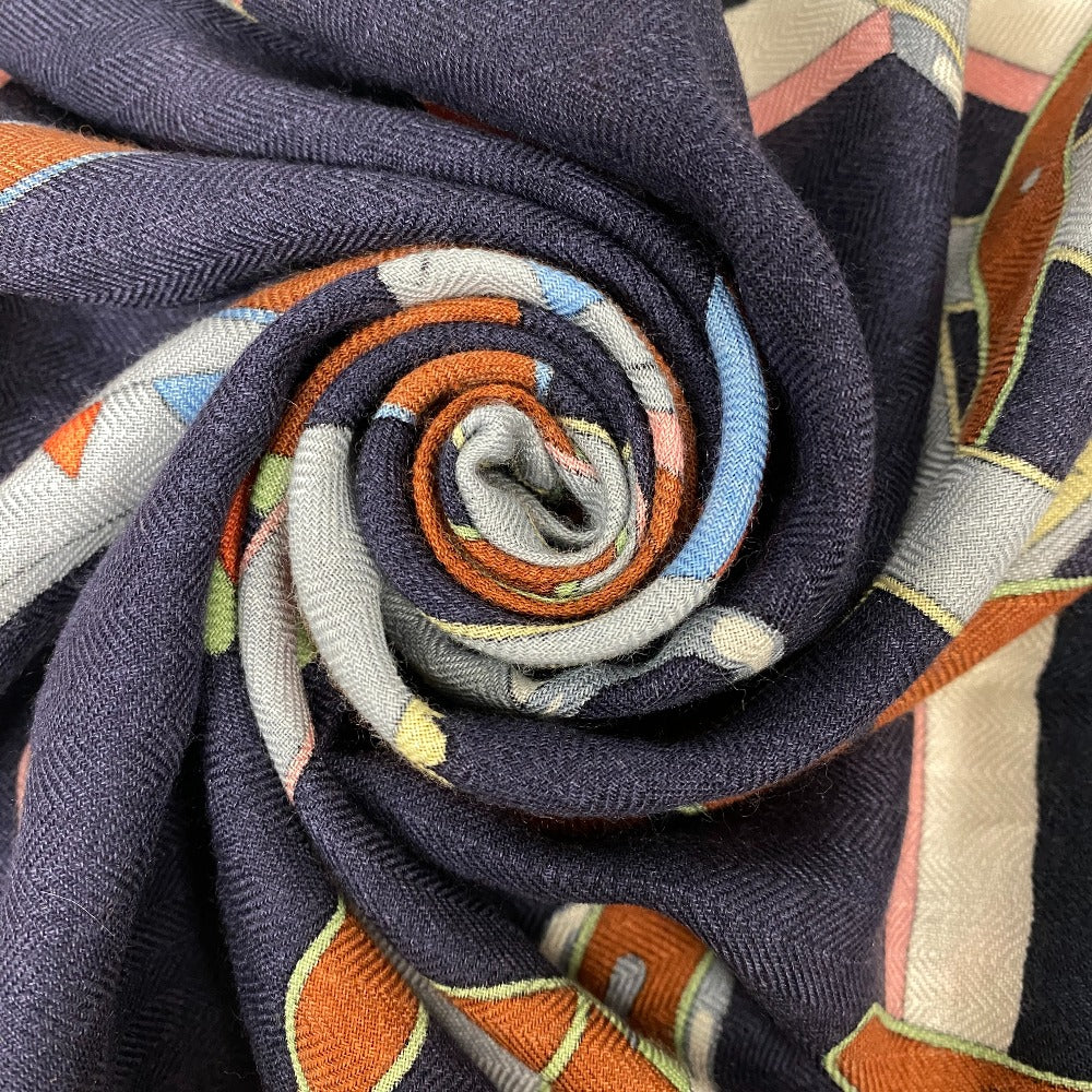 HERMES scarf Cashmere, Silk Navy Harnais en Rosace Harness rose window Caregean Women Used Authentic