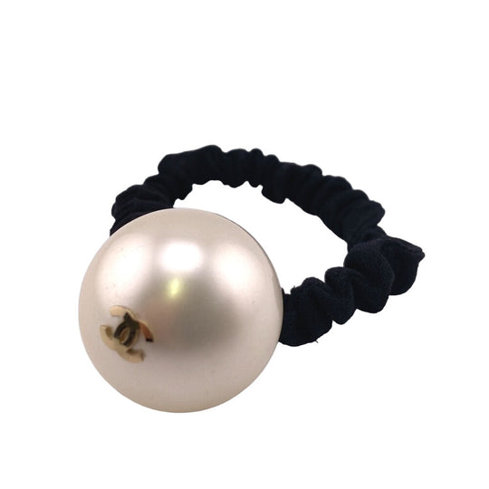 CHANEL hair accessory Gold Plated black Hair tie F21V Fake pearl COCO Mark Women Used Authentic