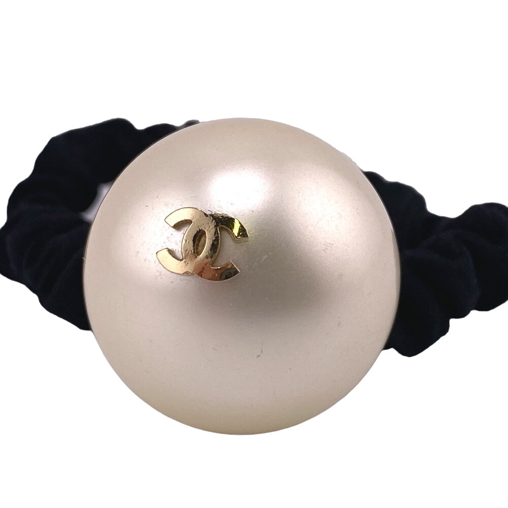 CHANEL hair accessory Gold Plated black Hair tie F21V Fake pearl COCO Mark Women Used Authentic