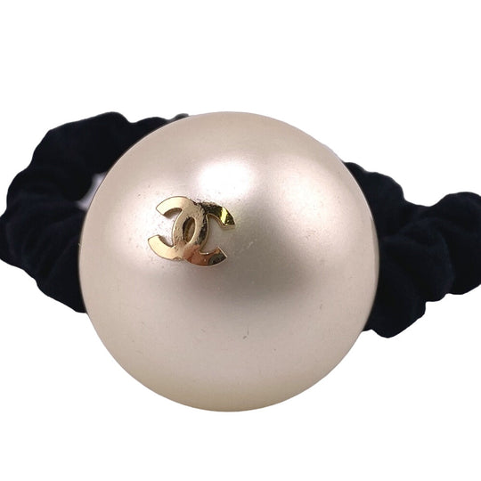 CHANEL hair accessory Gold Plated black Hair tie F21V Fake pearl COCO Mark Women Used Authentic