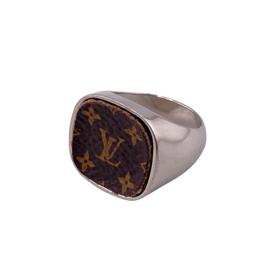 LOUIS VUITTON Ring M00515 Leather, Metal Silver Berg Monogram Padlock mens M Used Authentic