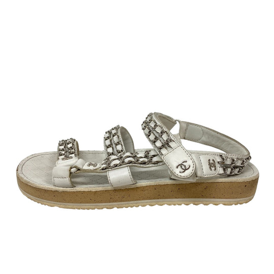 CHANEL Sandals leather white Chain Velcro Strap Matrasse COCO Mark Women Size unknown Used Authentic