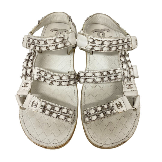 CHANEL Sandals leather white Chain Velcro Strap Matrasse COCO Mark Women Size unknown Used Authentic