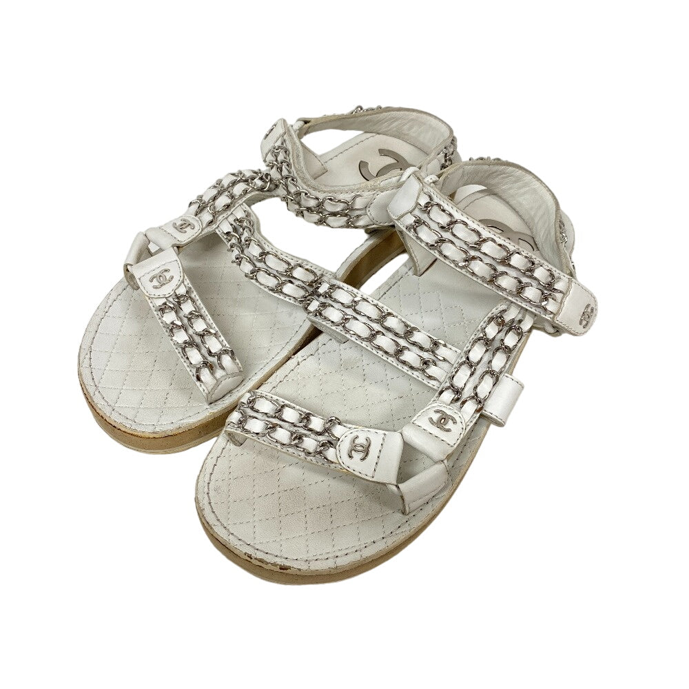 CHANEL Sandals leather white Chain Velcro Strap Matrasse COCO Mark Women Size unknown Used Authentic