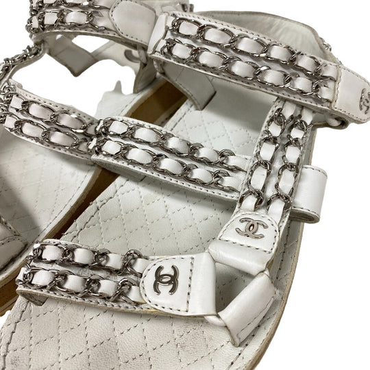 CHANEL Sandals leather white Chain Velcro Strap Matrasse COCO Mark Women Size unknown Used Authentic