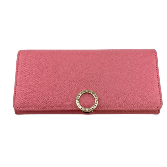 BVLGARI Long Wallet Purse leather pink Logo clip Women Used Authentic